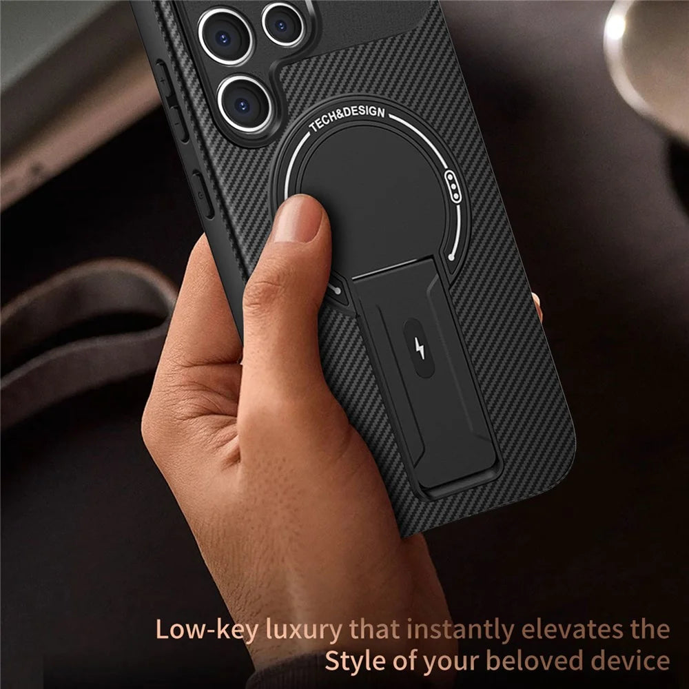 For Samsung Galaxy S23 Ultra Case with Kickstand Carbon Fiber Texture PC + TPU Phone Cover - Black - 6