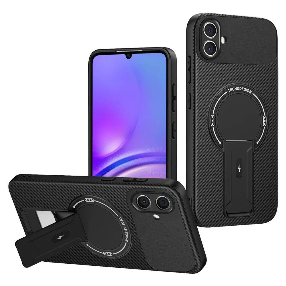 For Samsung Galaxy A05 4G Case with Kickstand Carbon Fiber Texture PC + TPU Phone Cover - Black - 1