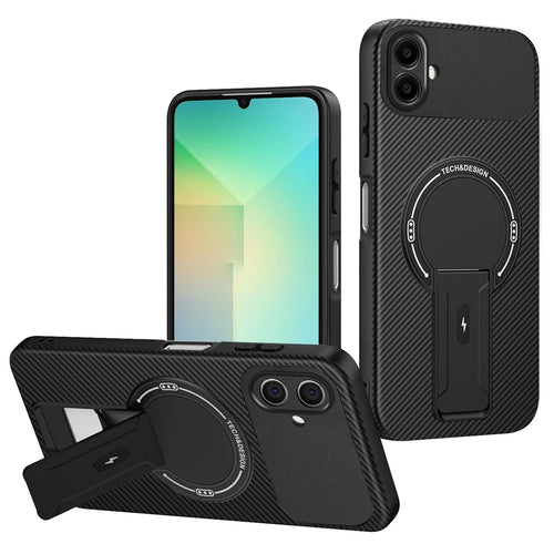 For Samsung Galaxy A06 4G Case with Kickstand Carbon Fiber Texture PC + TPU Phone Cover - Black - 1