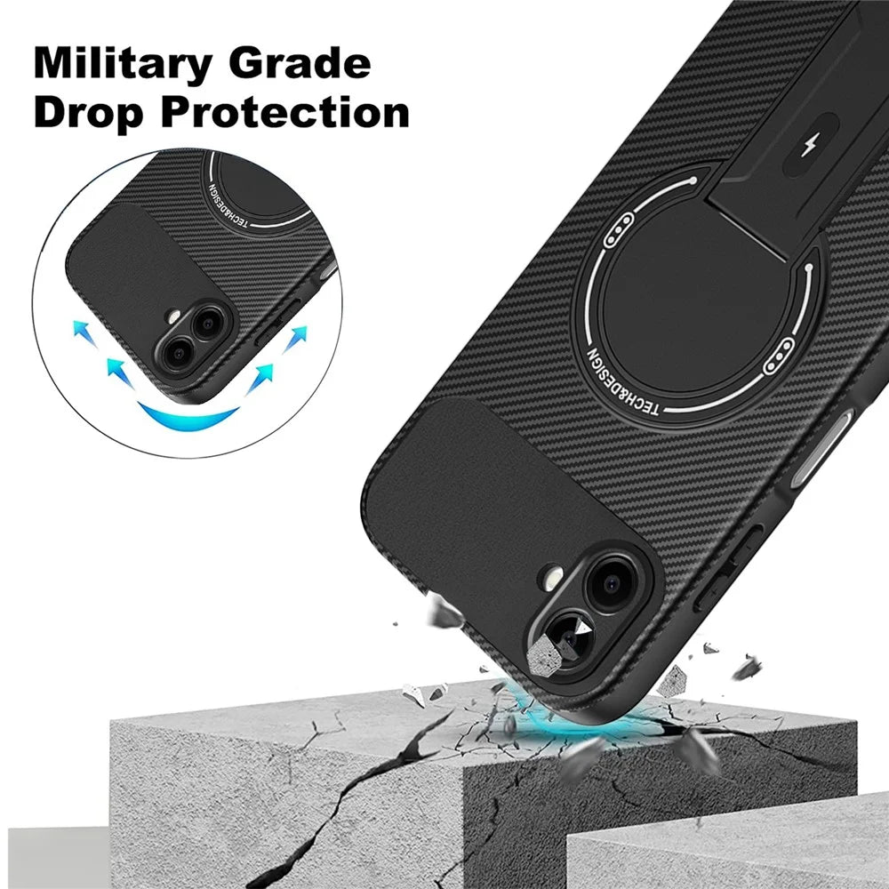 For Samsung Galaxy A06 4G Case with Kickstand Carbon Fiber Texture PC + TPU Phone Cover - Black - 4