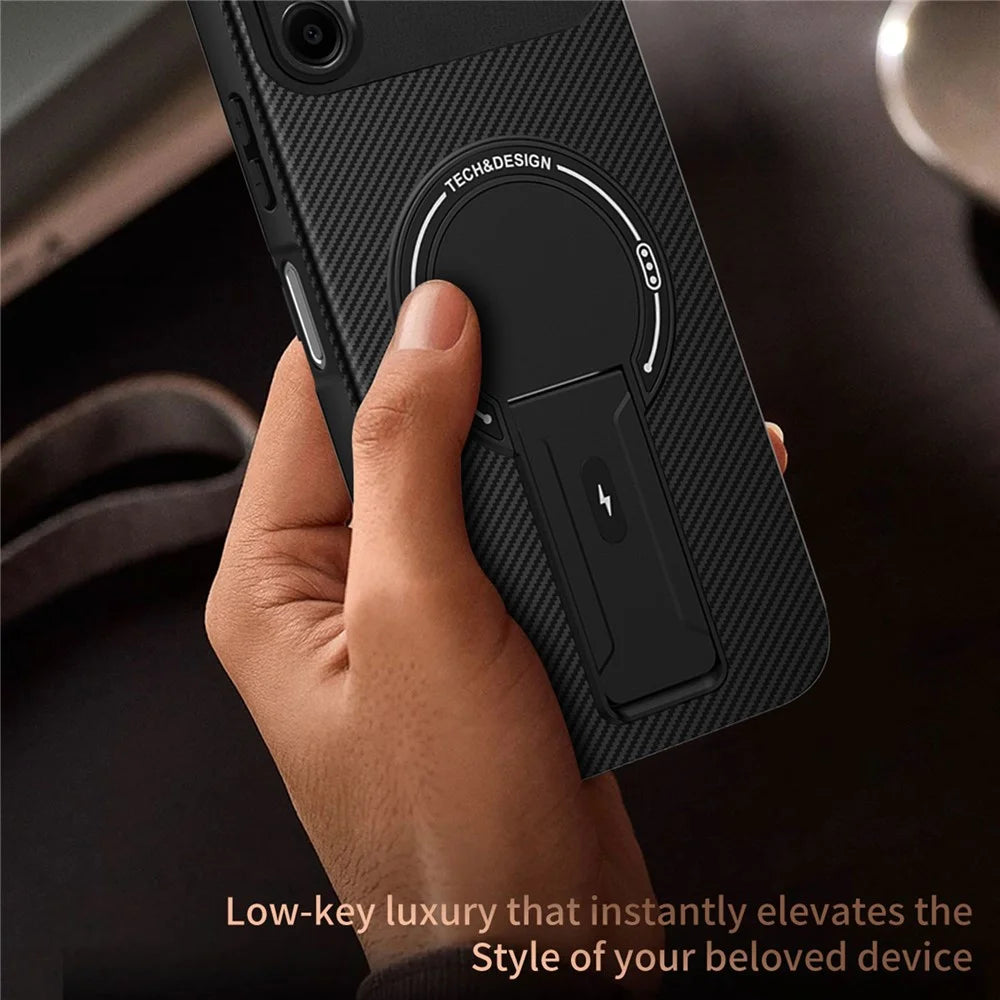 For Samsung Galaxy A06 4G Case with Kickstand Carbon Fiber Texture PC + TPU Phone Cover - Black - 6