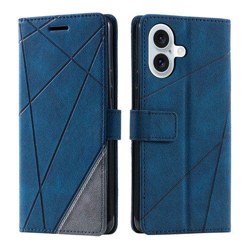 For iPhone 17 Case Imprinted Lines PU Leather Splicing Wallet Phone Cover - Blue - 1