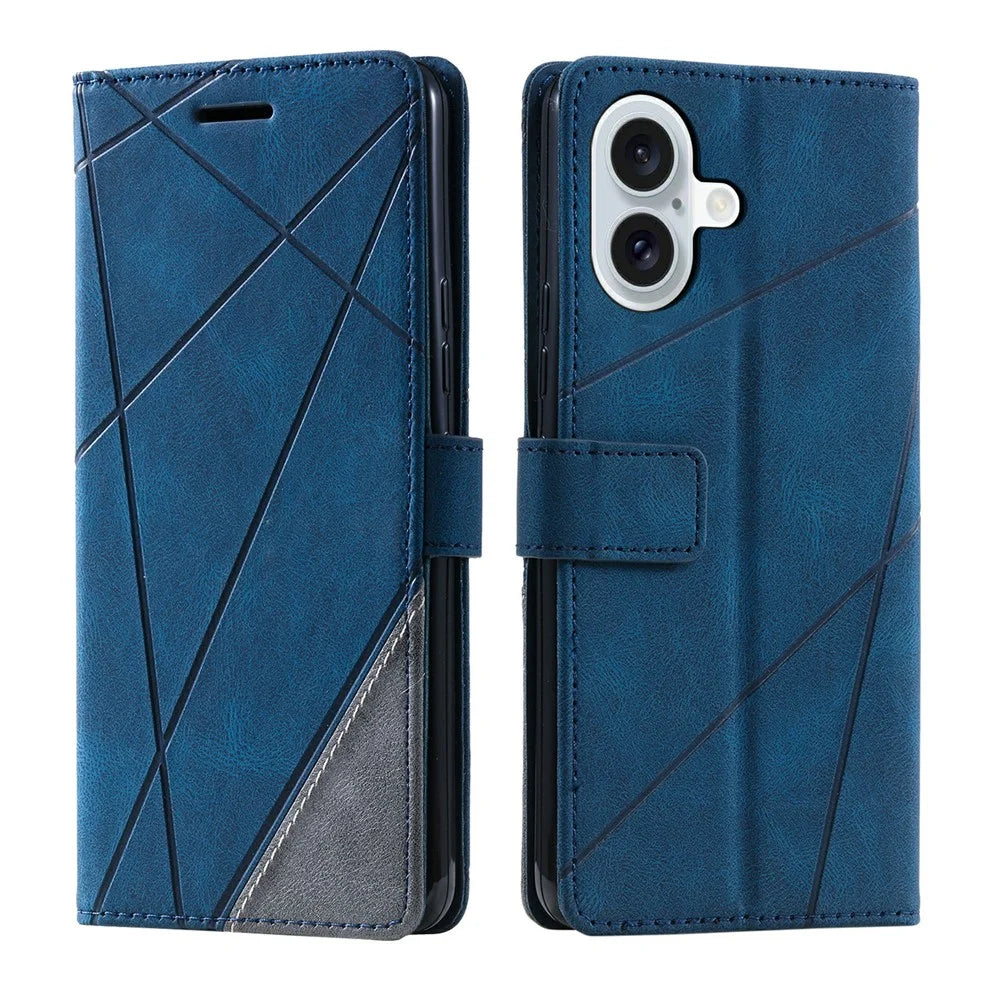For iPhone 17 Case Imprinted Lines PU Leather Splicing Wallet Phone Cover - Blue - 1
