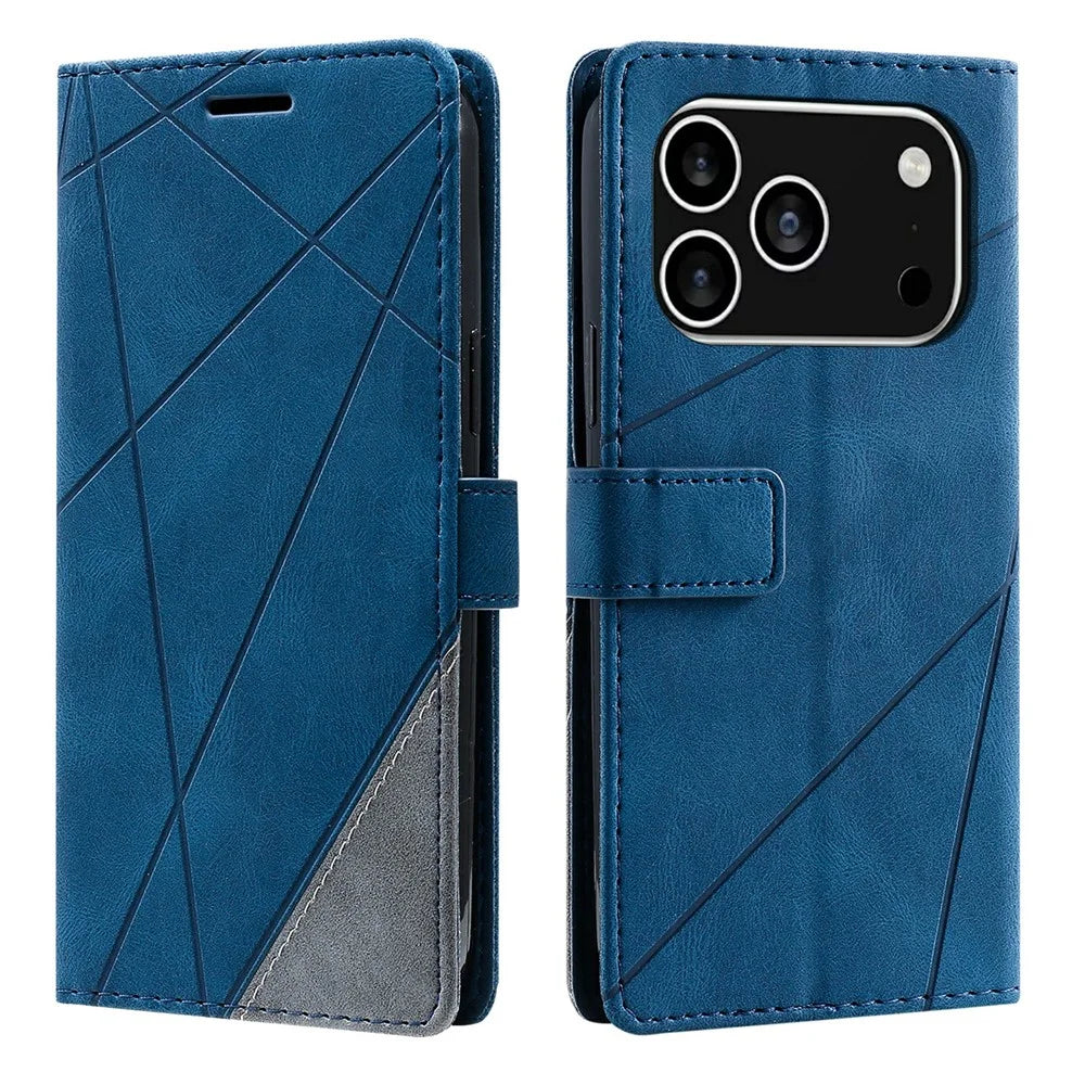 For iPhone 18 Pro / 17 Pro Case Imprinted Lines PU Leather Splicing Wallet Phone Cover - Blue - 1