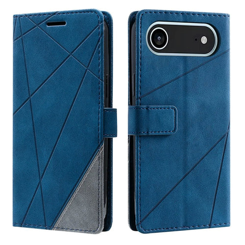 For iPhone Air Case Imprinted Lines PU Leather Splicing Wallet Phone Cover - Blue - 1