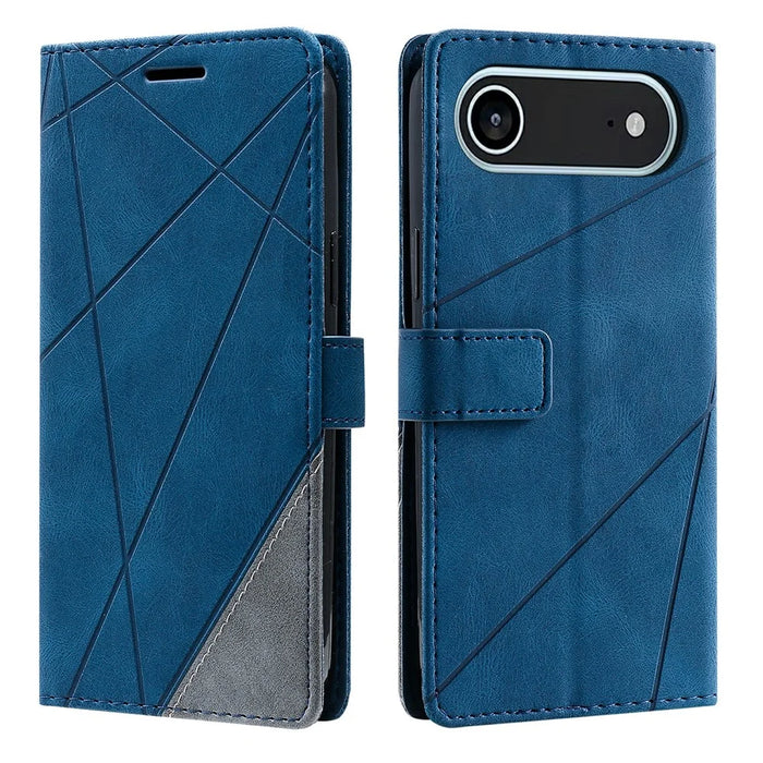 For iPhone Air Case Imprinted Lines PU Leather Splicing Wallet Phone Cover - Blue - 1