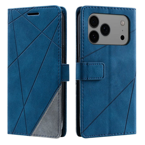 For iPhone 18 Pro Max / 17 Pro Max Case Imprinted Lines PU Leather Splicing Wallet Phone Cover - Blue - 1