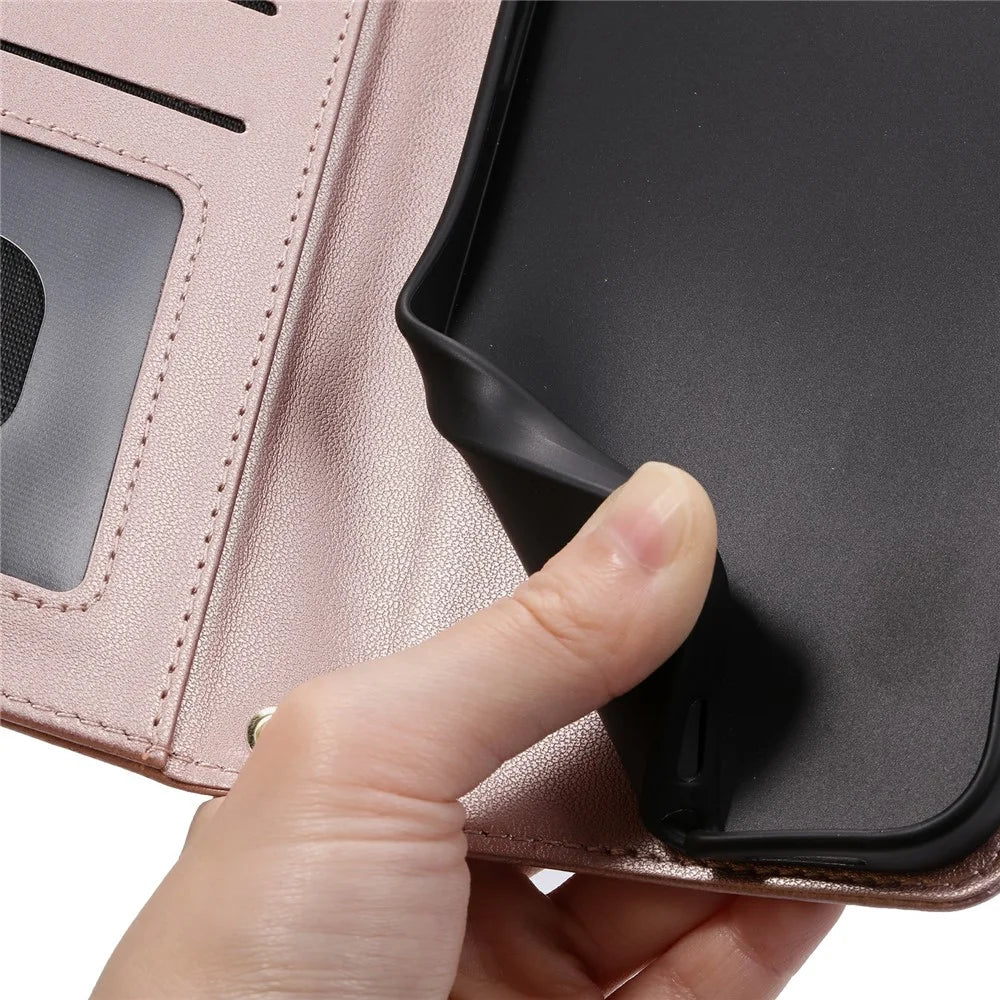 For iPhone 17 Case Wallet Rhombus Grid PU Leather Phone Cover with Shoulder Strap / Wrist Strap - Rose Gold - 5