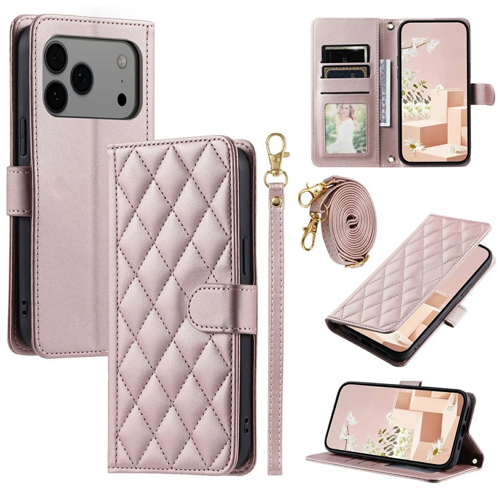 For iPhone 18 Pro / 17 Pro Case Wallet Rhombus Grid PU Leather Phone Cover with Shoulder Strap / Wrist Strap - Rose Gold - 1