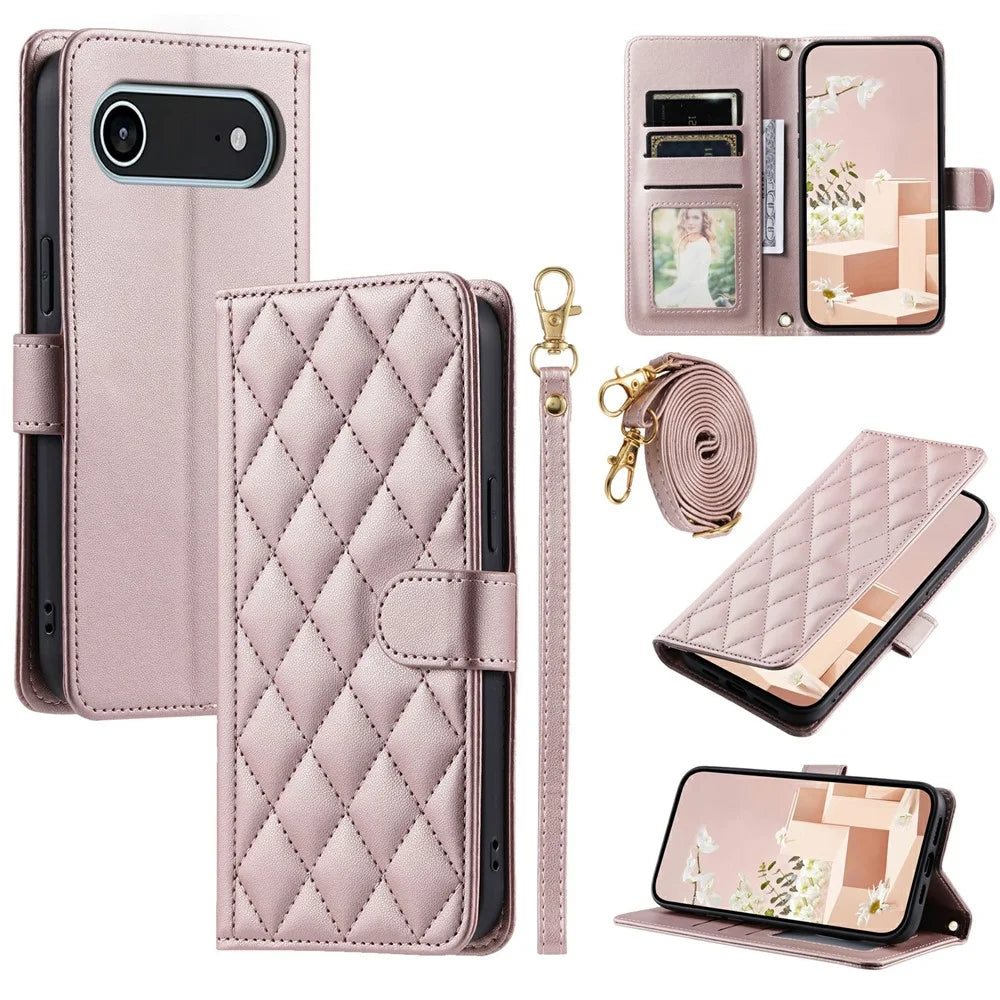 For iPhone Air Case Wallet Rhombus Grid PU Leather Phone Cover with Shoulder Strap / Wrist Strap - Rose Gold - 1