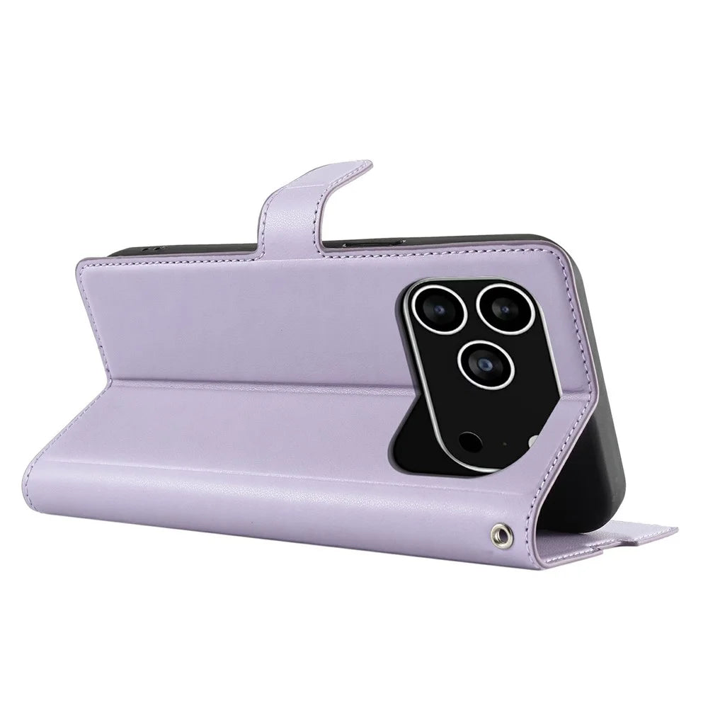 For iPhone 18 Pro / 17 Pro Case Dots Imprinted PU Leather Flip Phone Cover with Card Slot, Strap - Purple - 4