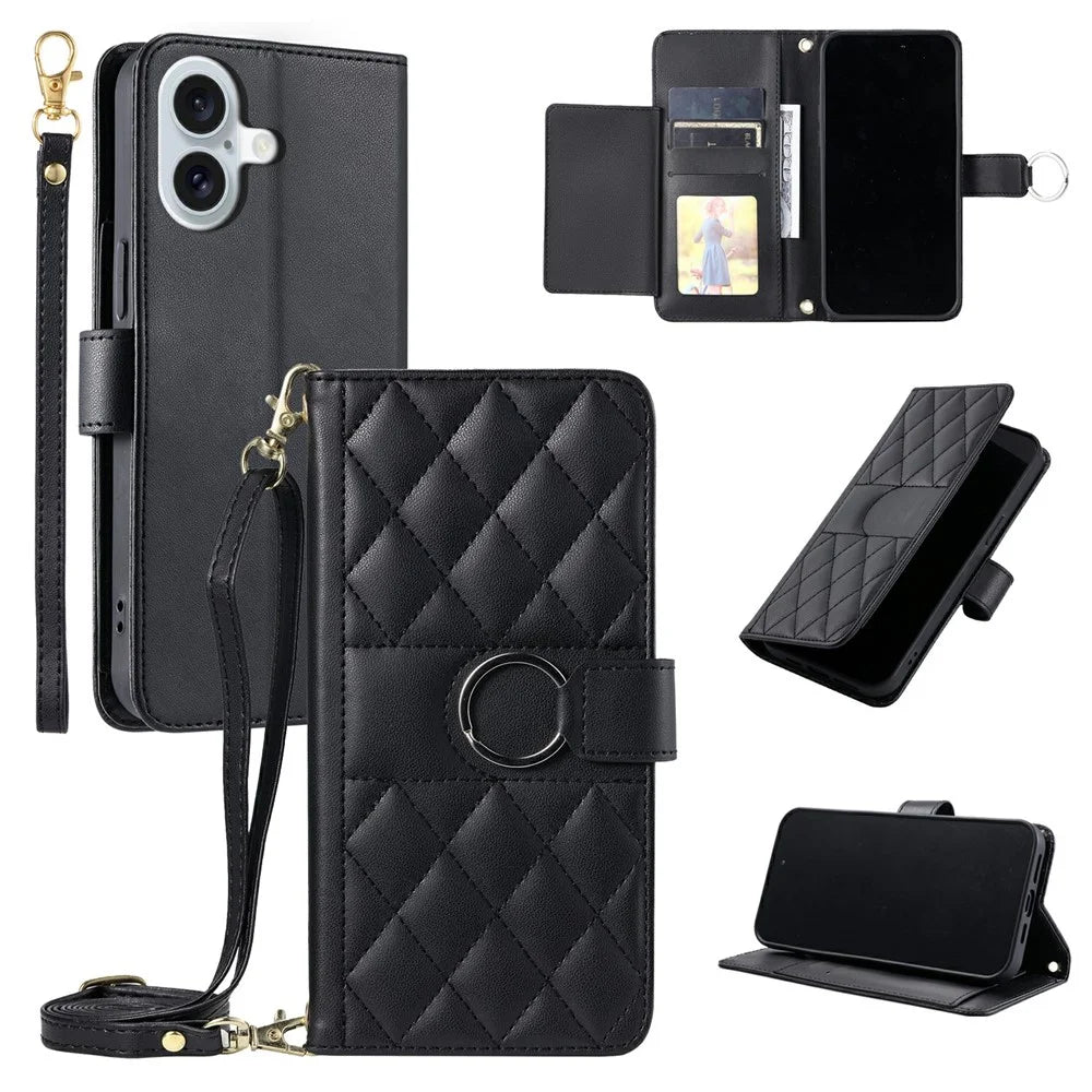For iPhone 17 Case Ring Buckle Wallet Stand Rhombus Crossbody Leather Mobile Cover - Black - 1