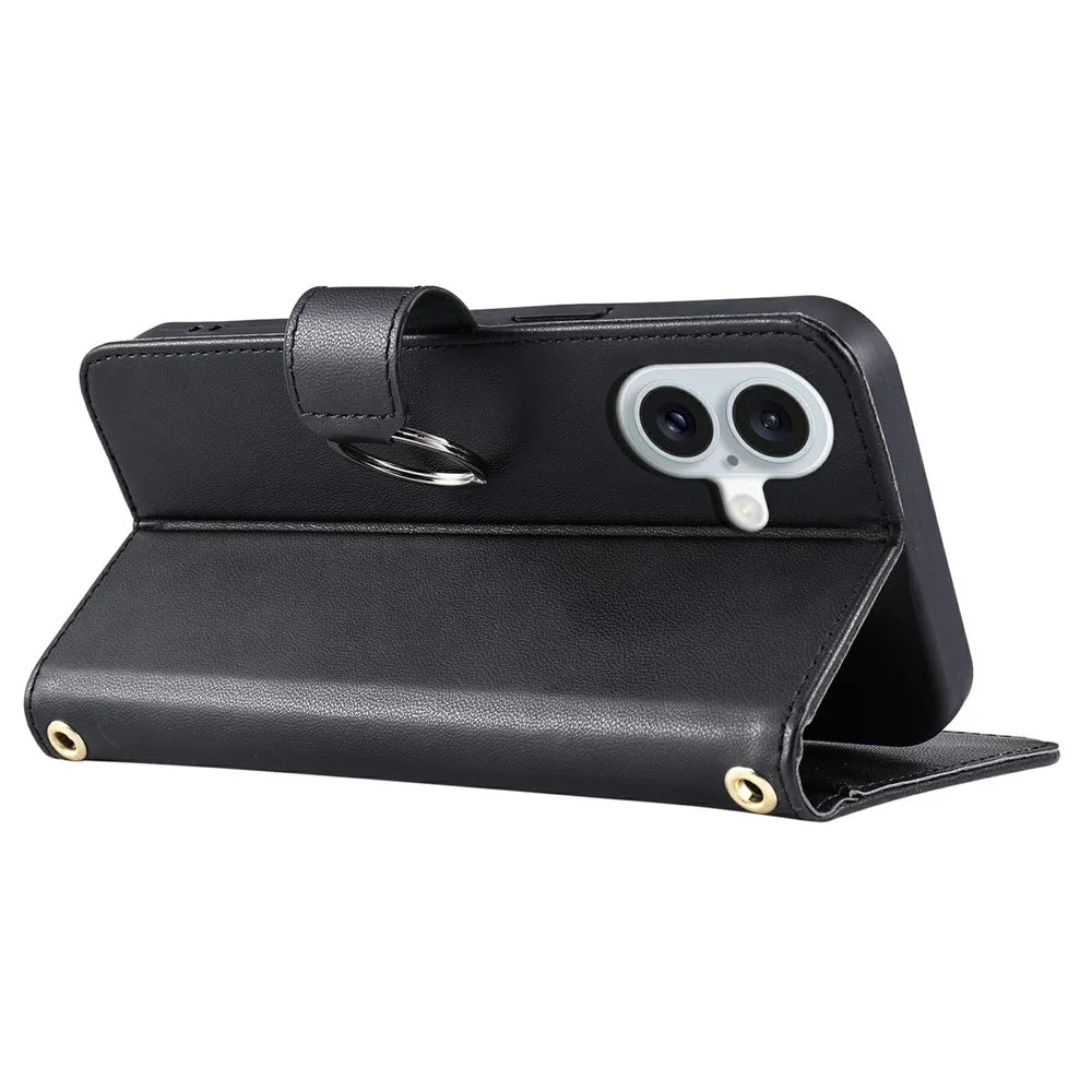 For iPhone 17 Case Ring Buckle Wallet Stand Rhombus Crossbody Leather Mobile Cover - Black - 4
