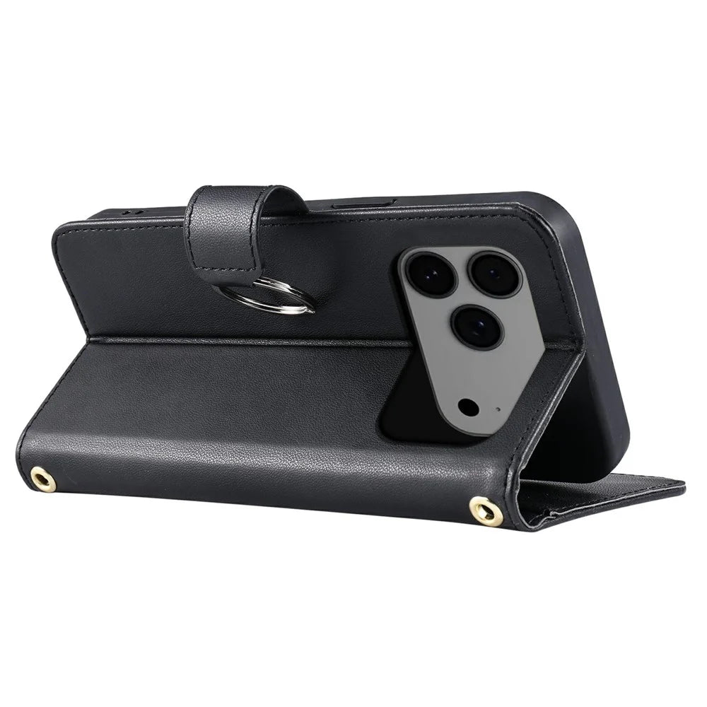 For iPhone 18 Pro / 17 Pro Case Ring Buckle Wallet Stand Rhombus Crossbody Leather Mobile Cover - Black - 4