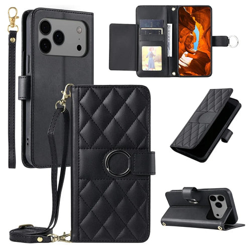 For iPhone 18 Pro Max / 17 Pro Max Case Ring Buckle Wallet Stand Rhombus Crossbody Leather Mobile Cover - Black - 1