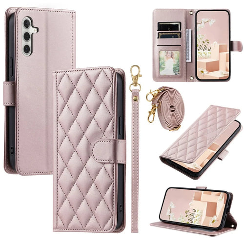 For Samsung Galaxy S25 FE Case Wallet Rhombus Grid PU Leather Phone Cover with Shoulder Strap / Wrist Strap - Rose Gold - 1