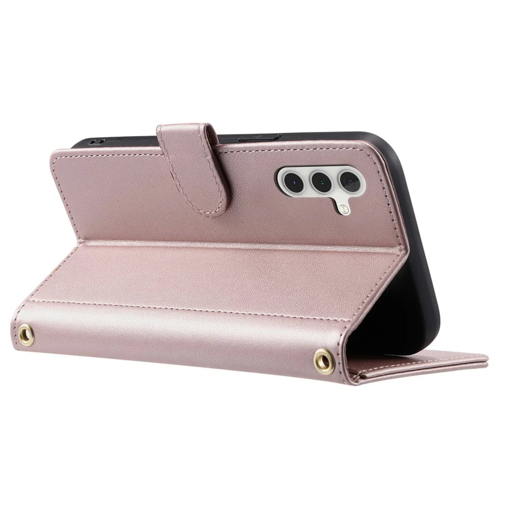 For Samsung Galaxy A18 5G / A18 4G / A17 5G / A17 4G / A26 5G / A16 5G / A16 4G Case Wallet Rhombus Grid PU Leather Phone Cover with Shoulder Strap / Wrist Strap - Rose Gold - 3