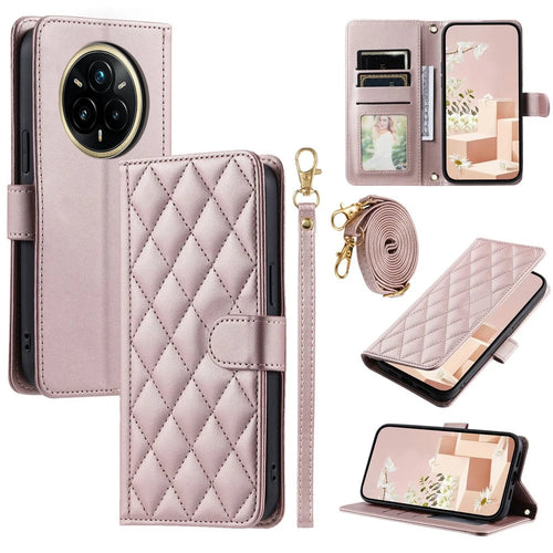 For Realme 14 Pro+ 5G Case Wallet Rhombus Grid PU Leather Phone Cover with Shoulder Strap / Wrist Strap - Rose Gold - 1