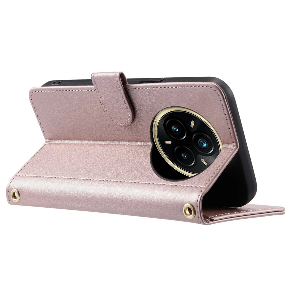 For Realme 14 Pro+ 5G Case Wallet Rhombus Grid PU Leather Phone Cover with Shoulder Strap / Wrist Strap - Rose Gold - 3