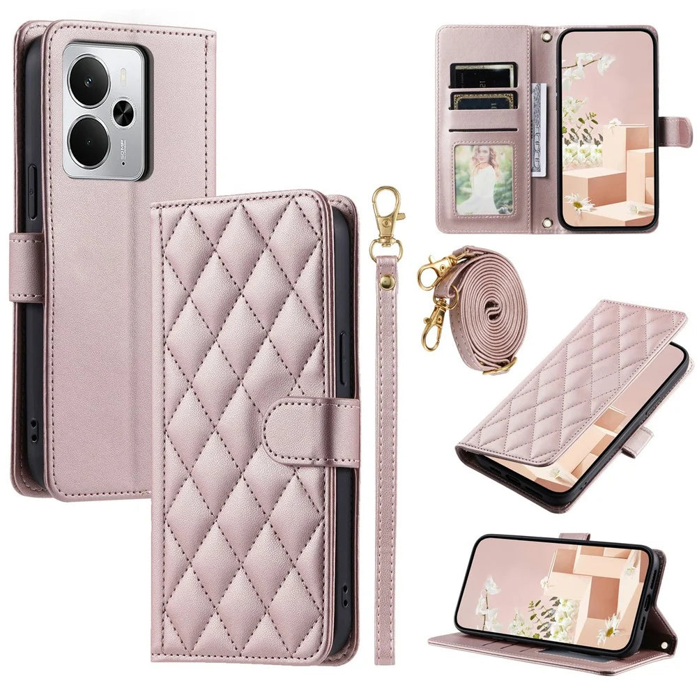 Wallet Case for Realme 14T 5G / 14 5G / P3 5G / Neo7x 5G Rhombus Grid PU Leather Phone Cover - Rose Gold - 1