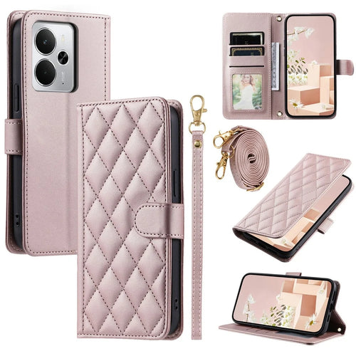 Wallet Case for Realme 14T 5G / 14 5G / P3 5G / Neo7x 5G Rhombus Grid PU Leather Phone Cover - Rose Gold - 1