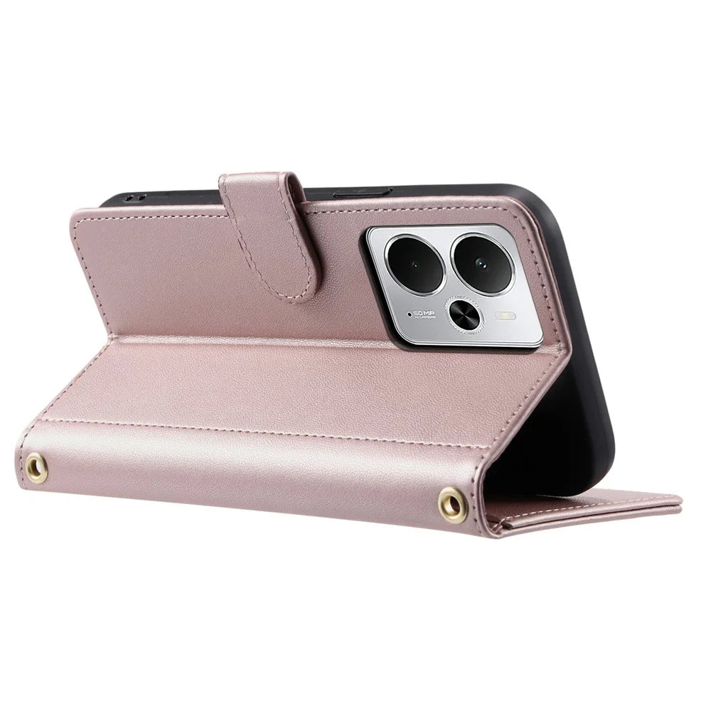 Wallet Case for Realme 14T 5G / 14 5G / P3 5G / Neo7x 5G Rhombus Grid PU Leather Phone Cover - Rose Gold - 3