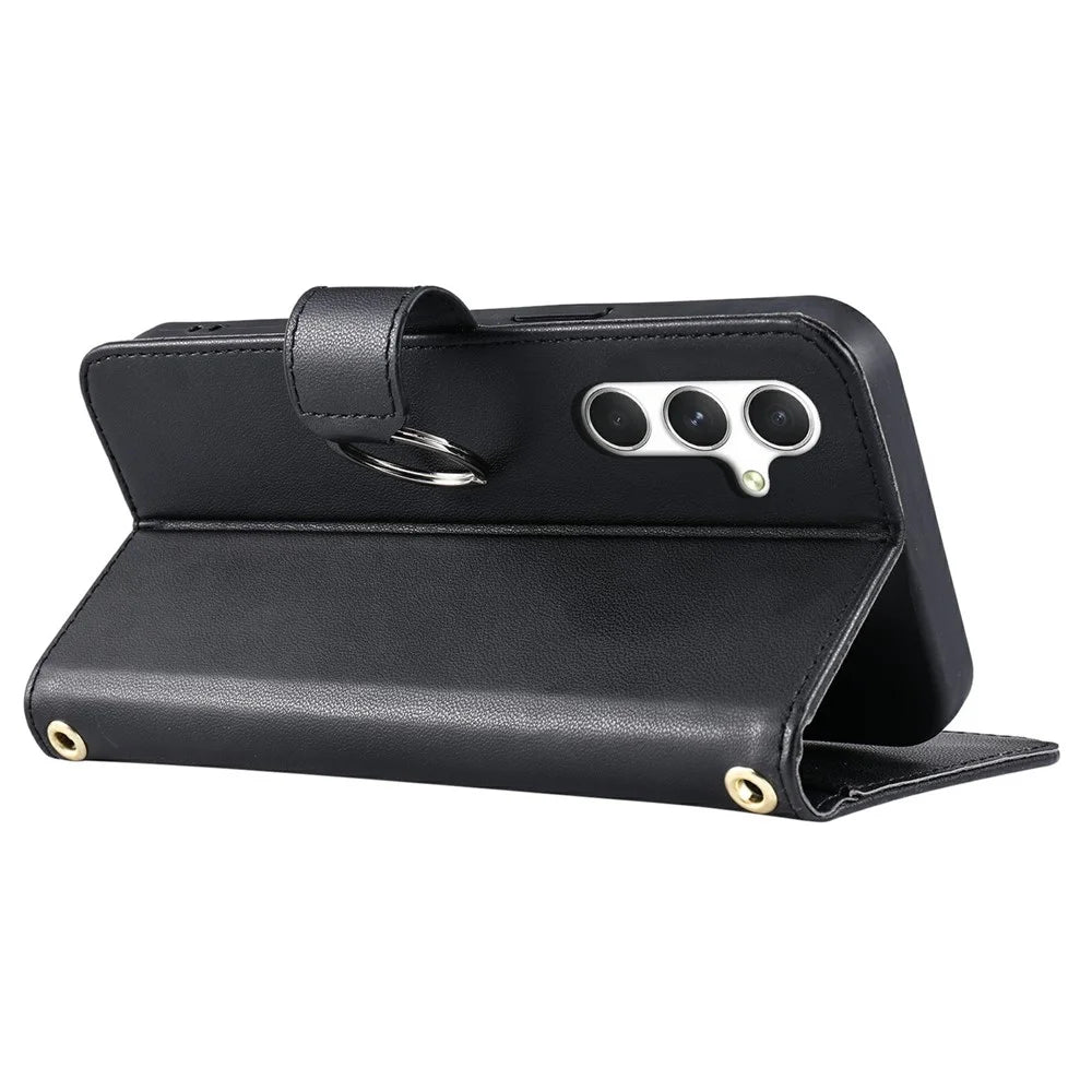 For Samsung Galaxy S25 FE Case Ring Buckle Wallet Stand Rhombus Crossbody Leather Mobile Cover - Black - 4