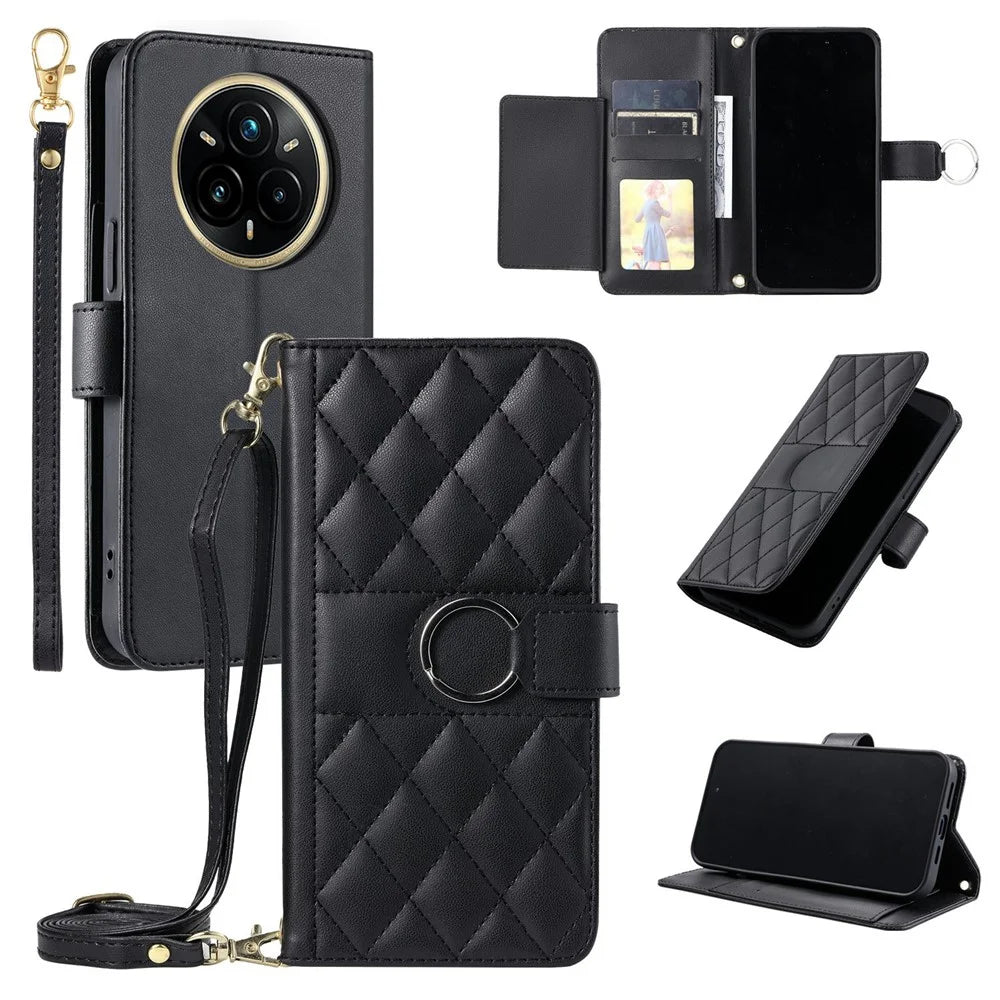 For Realme 14 Pro 5G Case Ring Buckle Wallet Stand Rhombus Crossbody Leather Mobile Cover - Black - 1