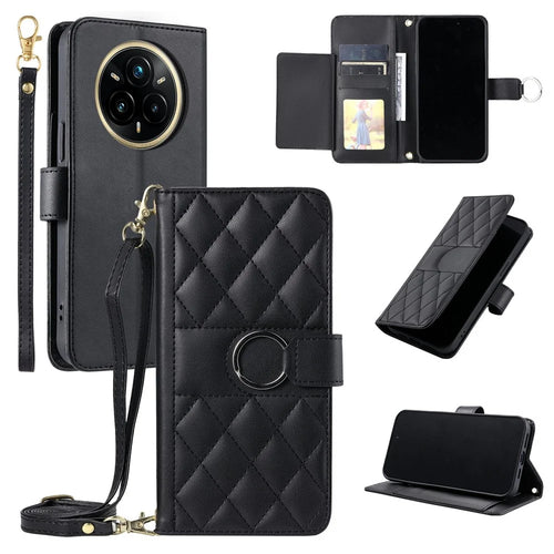 For Realme 14 Pro 5G Case Ring Buckle Wallet Stand Rhombus Crossbody Leather Mobile Cover - Black - 1