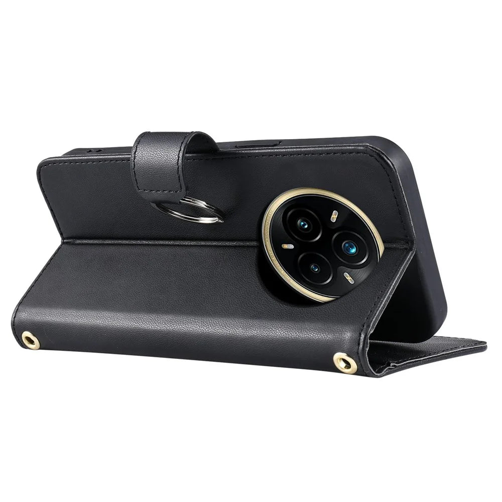 For Realme 14 Pro+ 5G Case Ring Buckle Wallet Stand Rhombus Crossbody Leather Mobile Cover - Black - 4