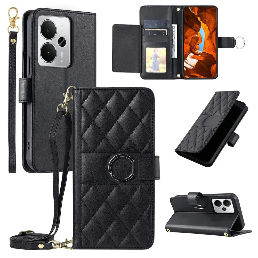 Phone Case for Realme 14T 5G / 14 5G / P3 5G / Neo7x 5G Ring Buckle Wallet Stand Rhombus Crossbody Leather Mobile Cover - Black - 1