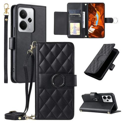 Phone Case for Realme 14T 5G / 14 5G / P3 5G / Neo7x 5G Ring Buckle Wallet Stand Rhombus Crossbody Leather Mobile Cover - Black - 1