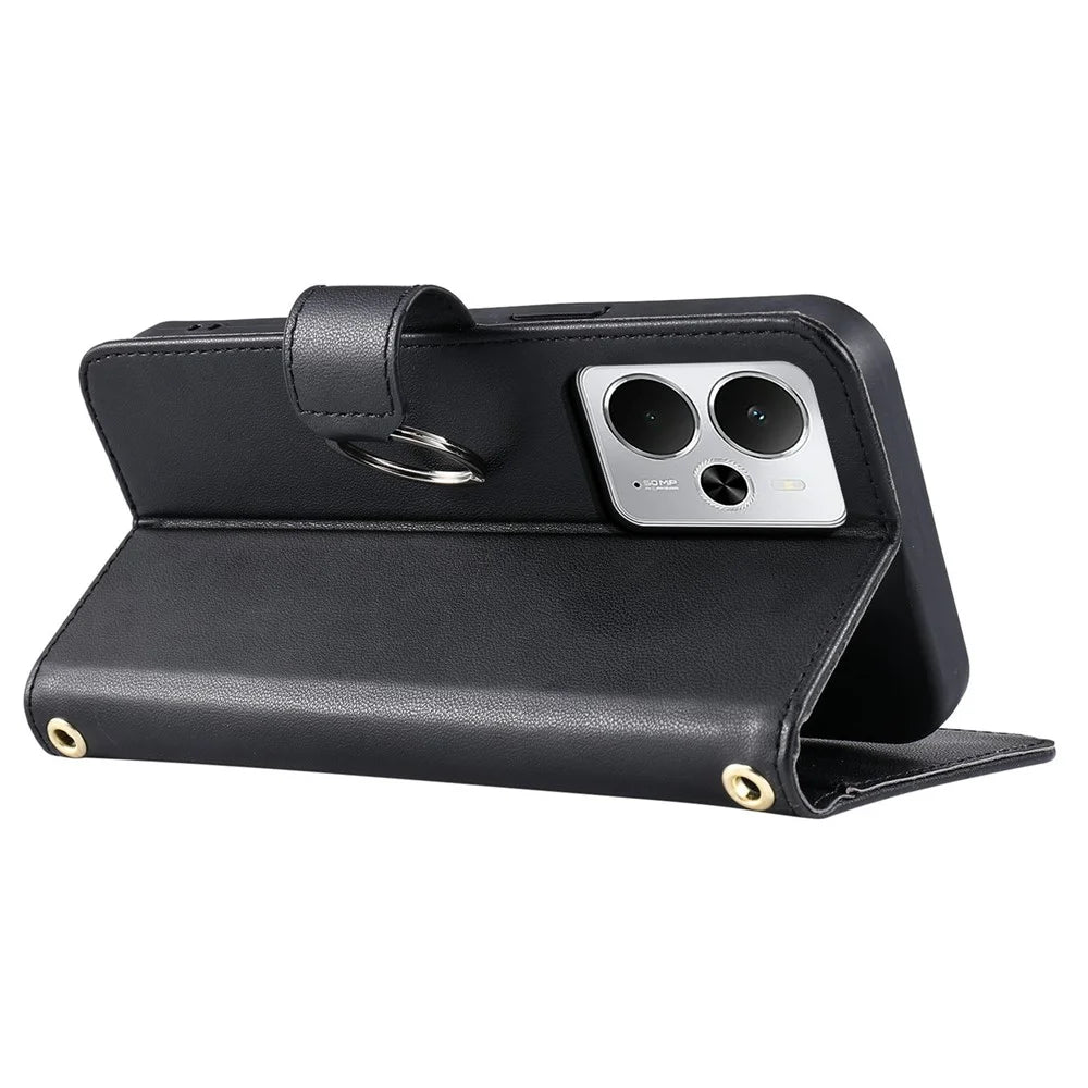 Phone Case for Realme 14T 5G / 14 5G / P3 5G / Neo7x 5G Ring Buckle Wallet Stand Rhombus Crossbody Leather Mobile Cover - Black - 4