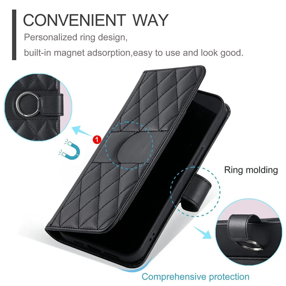 Phone Case for Realme 14T 5G / 14 5G / P3 5G / Neo7x 5G Ring Buckle Wallet Stand Rhombus Crossbody Leather Mobile Cover - Black - 5
