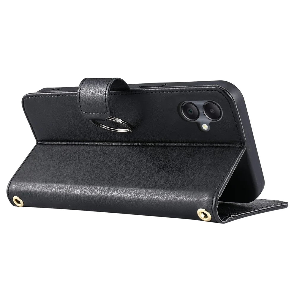 For Samsung Galaxy A08 5G / A08 4G / A07 4G Case Ring Buckle Wallet Stand Rhombus Crossbody Leather Mobile Cover - Black - 4