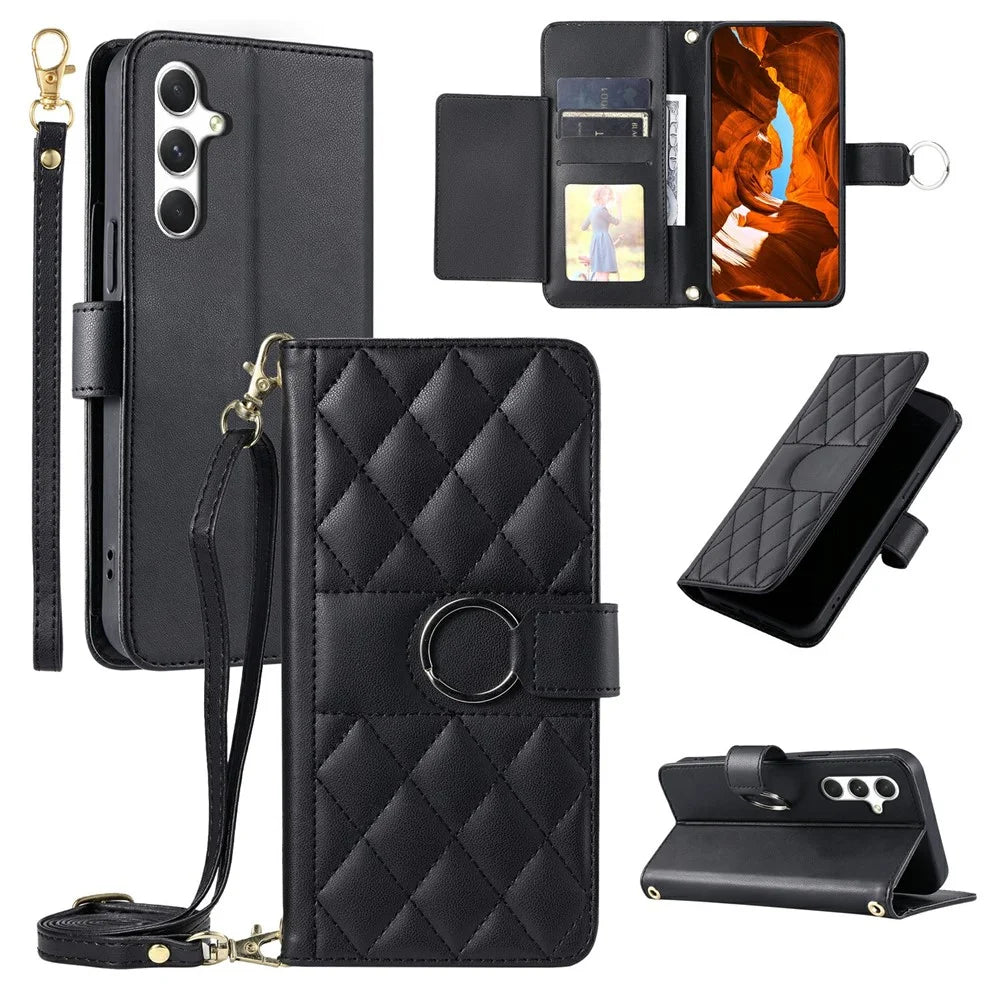 For Samsung Galaxy A18 5G / A18 4G / A17 5G / A17 4G / A26 5G / A16 5G / A16 4G Case Ring Buckle Wallet Stand Rhombus Crossbody Leather Mobile Cover - Black - 1
