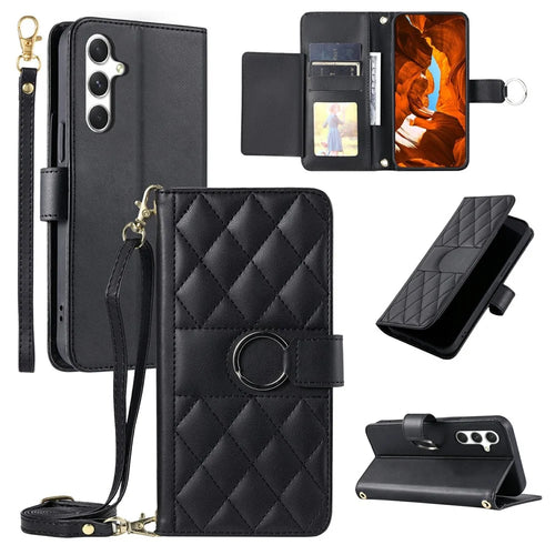 For Samsung Galaxy A18 5G / A18 4G / A17 5G / A17 4G / A26 5G / A16 5G / A16 4G Case Ring Buckle Wallet Stand Rhombus Crossbody Leather Mobile Cover - Black - 1
