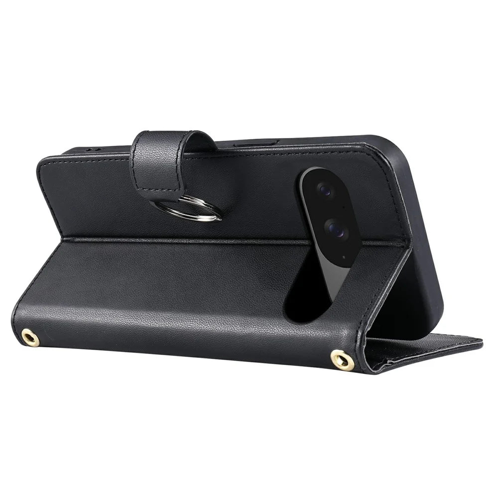 For Google Pixel 10 Pro / 10 / 9 Pro / 9 Case Ring Buckle Wallet Stand Rhombus Crossbody Leather Mobile Cover - Black - 4