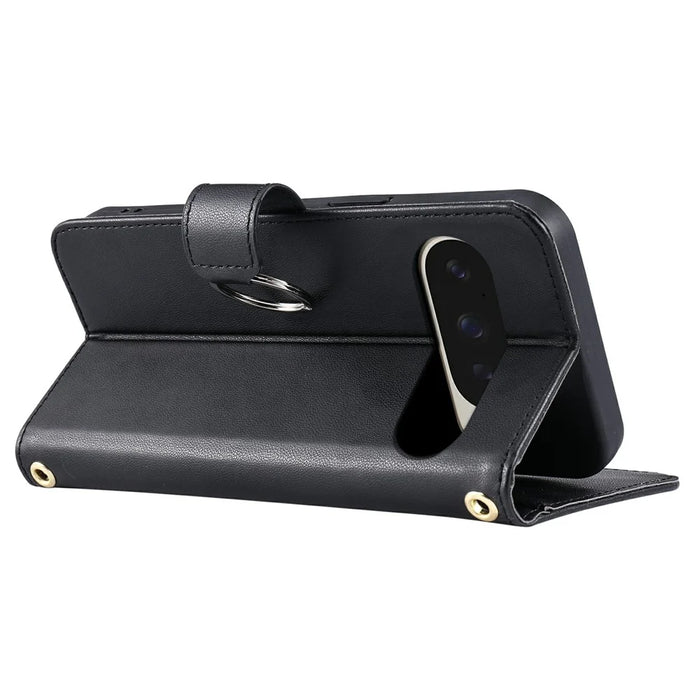 For Google Pixel 10 Pro XL Case Ring Buckle Wallet Stand Rhombus Crossbody Leather Mobile Cover - Black - 4