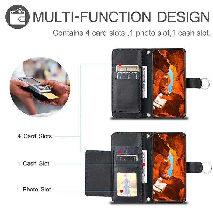 For Google Pixel 10 Pro XL Case Ring Buckle Wallet Stand Rhombus Crossbody Leather Mobile Cover - Black - 6