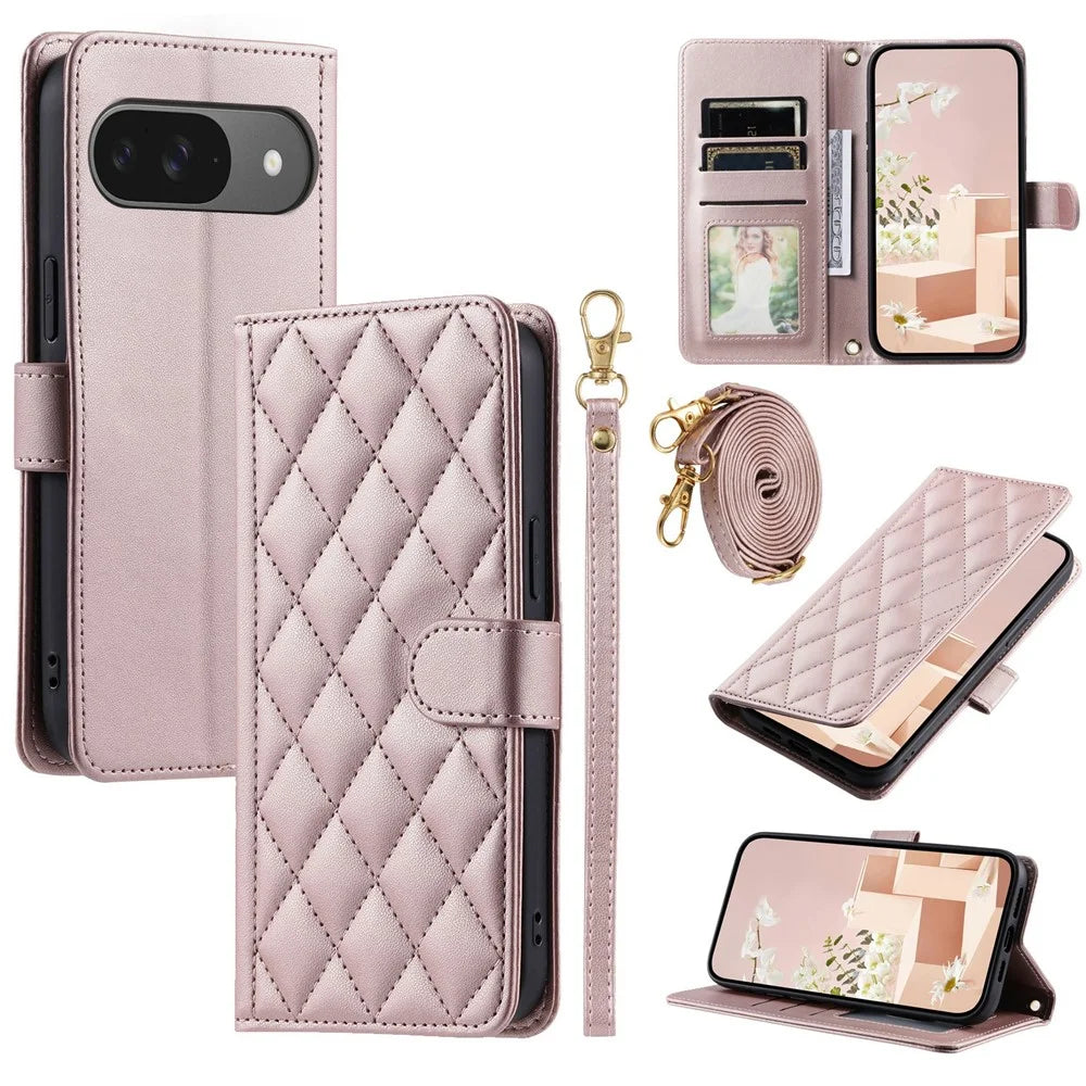 For Google Pixel 10 Pro / 10 / 9 Pro / 9 Case Wallet Rhombus Grid PU Leather Phone Cover with Shoulder Strap / Wrist Strap - Rose Gold - 1