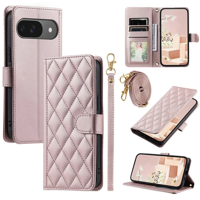 For Google Pixel 10 Pro / 10 / 9 Pro / 9 Case Wallet Rhombus Grid PU Leather Phone Cover with Shoulder Strap / Wrist Strap - Rose Gold - 1