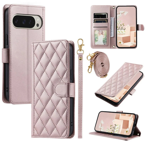 For Google Pixel 10 Pro XL Case Wallet Rhombus Grid PU Leather Phone Cover with Shoulder Strap / Wrist Strap - Rose Gold - 1