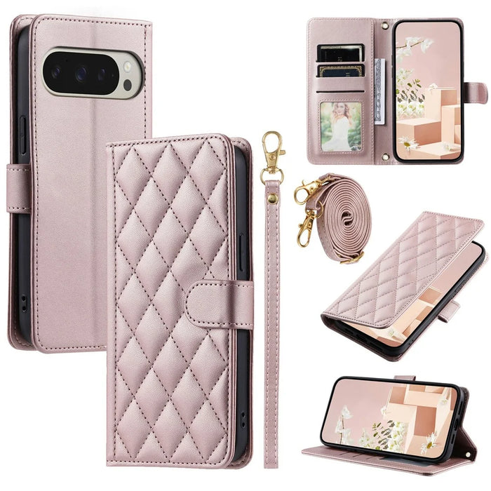 For Google Pixel 10 Pro XL Case Wallet Rhombus Grid PU Leather Phone Cover with Shoulder Strap / Wrist Strap - Rose Gold - 1