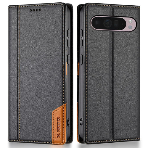 N.BEKUS P3 Phone Case For Google Pixel 10 Pro  /  10  /  9 Pro  /  9 RFID Blocking Wallet Stand PU Leather Flip Cover - Black - 1