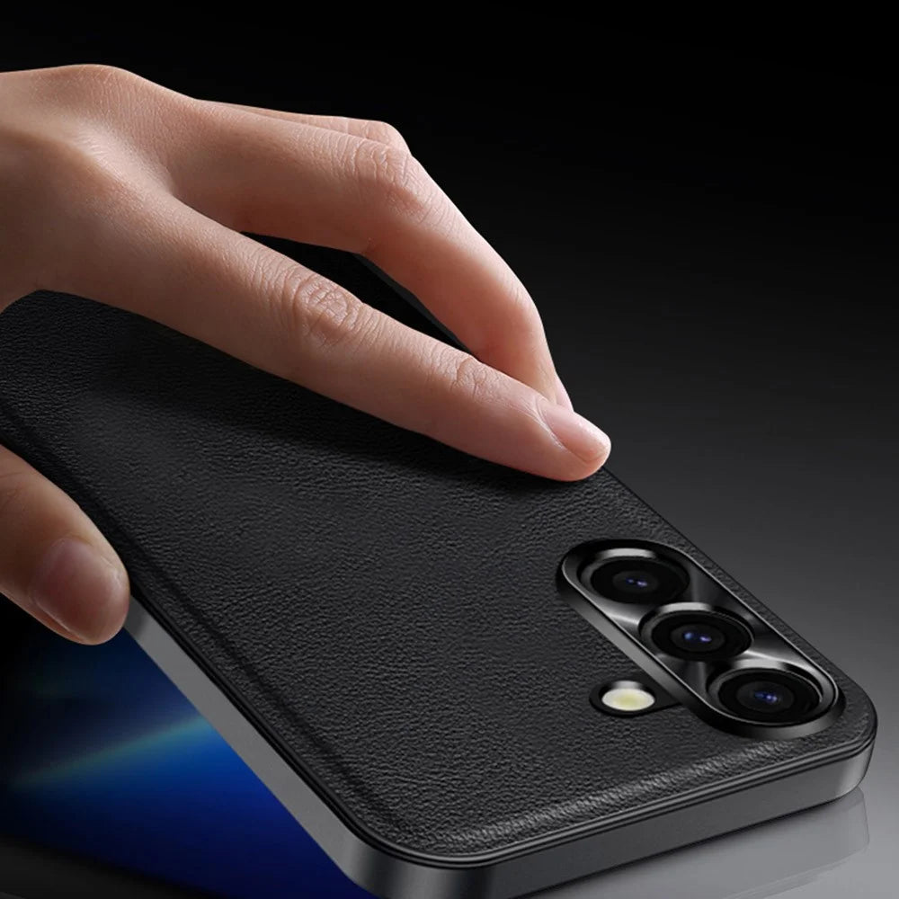For Samsung Galaxy S24 FE Case PU + TPU + PC Phone Back Cover with Metal Lens Frame - Black - 2