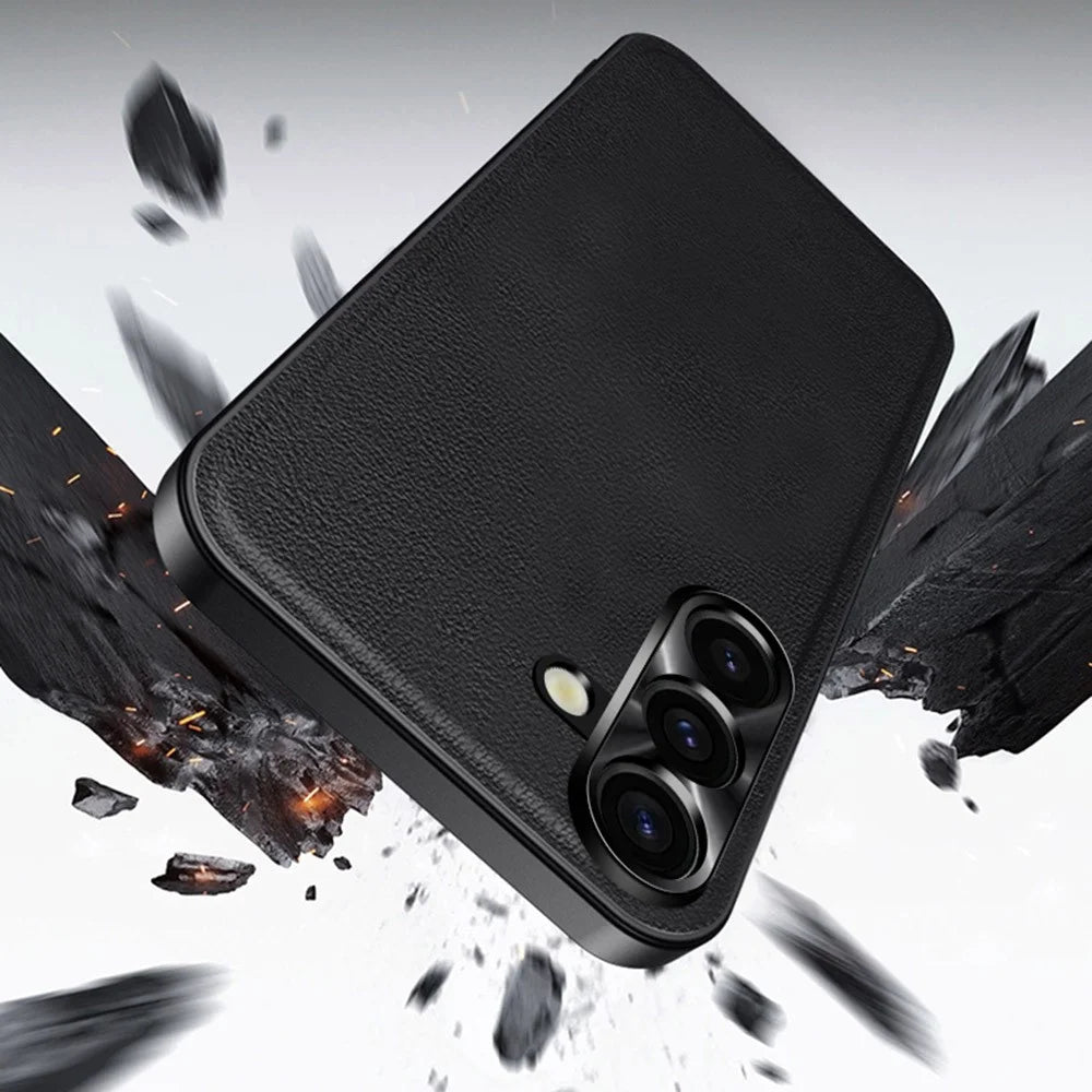 For Samsung Galaxy S24 FE Case PU + TPU + PC Phone Back Cover with Metal Lens Frame - Black - 5