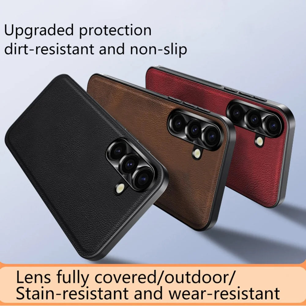 For Samsung Galaxy S24 FE Case PU + TPU + PC Phone Back Cover with Metal Lens Frame - Black - 6