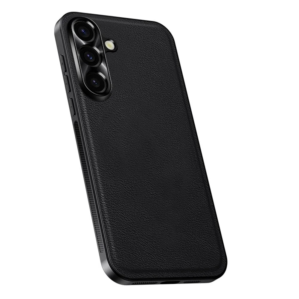 For Samsung Galaxy A55 5G Case PU + TPU + PC Phone Back Cover with Metal Lens Frame - Black - 1
