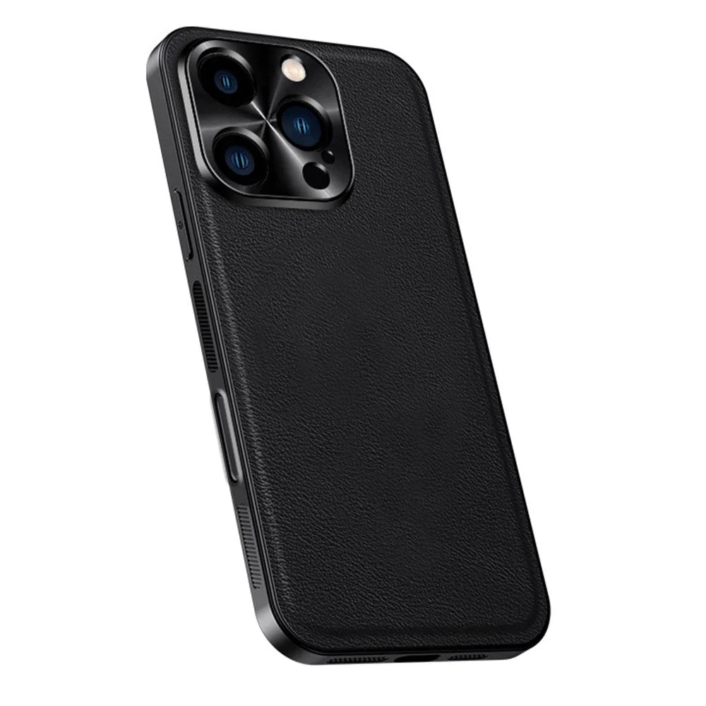 For iPhone 16 Pro Case PU + TPU + PC Phone Back Cover with Metal Lens Frame - Black - 1